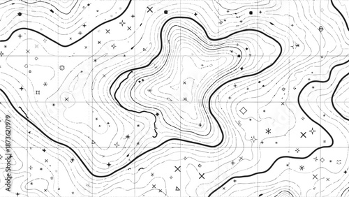 Topographic contour lines in black ink overlay a faint grid pattern, illustrating complex elevation changes and terrain features.