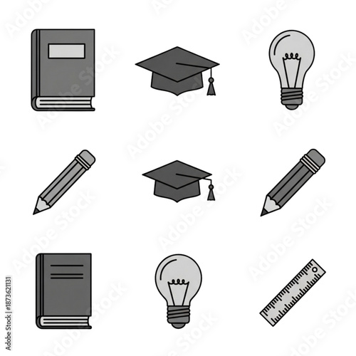 Educational icons collection featuring books graduation caps pencils light bulbs and ruler representing learning and knowledge
