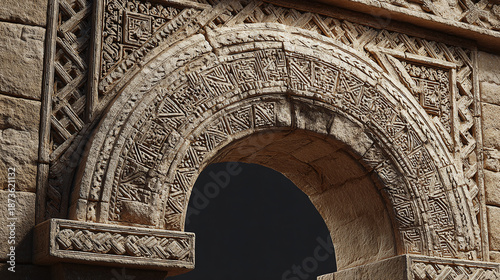 A close-up of an ancient stone archway featuring detailed carvings and designs, evoking a sense of history and grandeur.