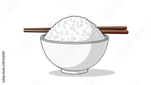 A vibrant illustration of white rice in a bowl with chopsticks perfect for culinary themes or cultural designs, representing a staple food ready to