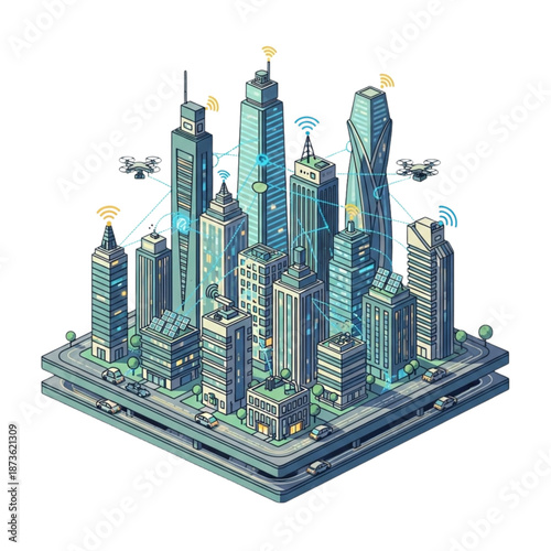 Modern cityscape featuring interconnected skyscrapers and wireless technology with drones flying overhead in a futuristic urban environment with vehicles on the roads and trees in the surroundings