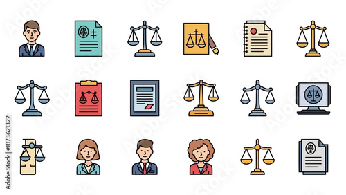 A comprehensive collection of colorful flat line icons representing law, justice, legal professions, and court proceedings.