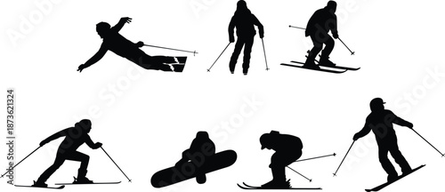 Black Silhouette Vector Set of People Skiing and Snowboarding Featuring Winter Sports Athletes in Various Action Poses on White Background