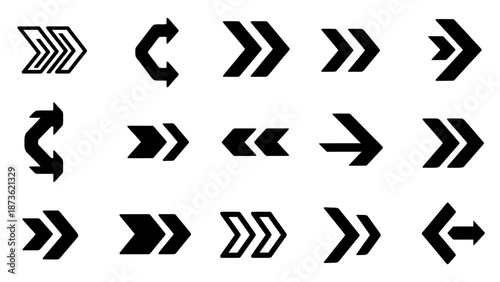 Collection of diverse black arrow icons and symbols for navigation and direction, featuring various styles including curved, double-headed, and outlined designs.