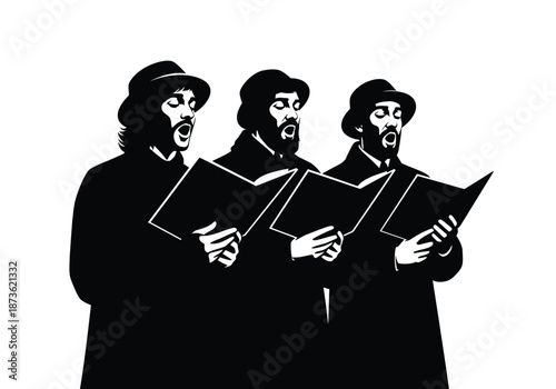 Three Men Singing from Music Sheets.