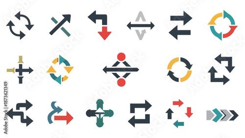 A collection of diverse arrow icons illustrating concepts of rotation, direction, exchange, refresh, and movement in a flat design style.