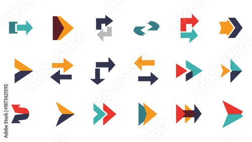 A collection of diverse, colorful, geometric arrow icons representing direction, movement, and navigation concepts.
