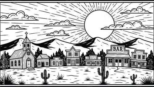 Old West town panorama featuring a church, saloon bar, and wooden buildings under a bright, stylized sunburst sky.