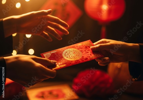 warm cinematic glow, red envelope passing hands