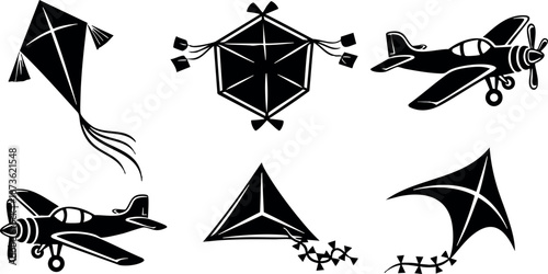 Black silhouette kites and vintage airplanes flying in sky vector design elements illustration