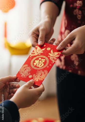 close-up shot of adult hands standing and handing a red envelope to a child, Chinese New Year real photo
