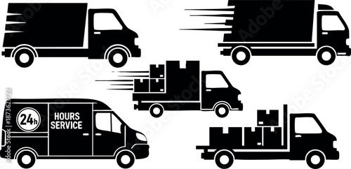 Delivery trucks and vans with fast motion and 24 hours service icons for logistics and shipping vector illustration