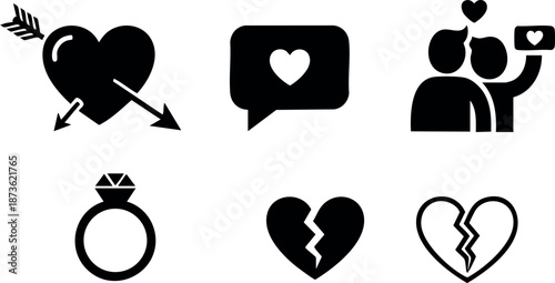 Love and relationship icons including heart, arrow, broken heart, engagement ring, and couple taking selfie with heart notification vector illustration