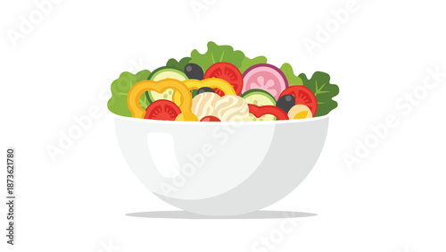 A vibrant and fresh salad in a pristine white bowl, showcasing a medley of colorful vegetables, healthy greens, and creamy dressing, perfect for