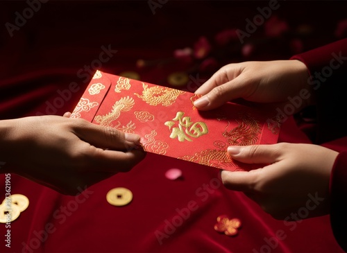 close-up red envelope exchange, respectful Chinese New Year custom