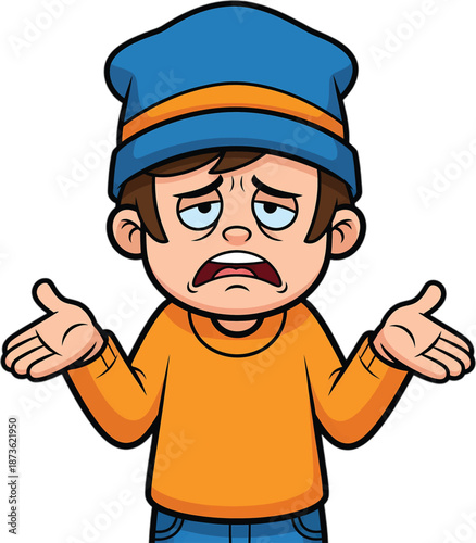 Unhappy Cartoon Boy with Hands Out.