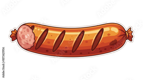 Vibrant cartoon grilled sausage featuring a detailed cut end and char marks, a delicious food illustration.