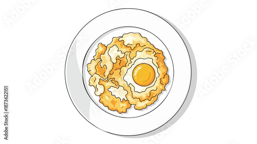 Appetizing hand-drawn breakfast illustration featuring fluffy scrambled eggs and a sunny-side-up egg on a clean white plate