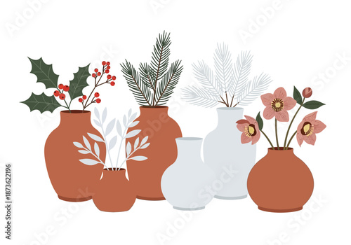 Vases with Flowers and Foliage Arrangement.