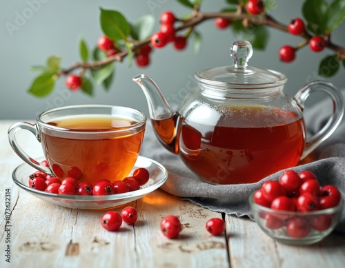 Warm hawthorn berry tea in glass teapot and cup with fresh berries on rustic wood table. Natural remedy for heart health, brewed from ripe red fruit, healthy drink.