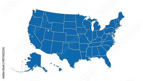 Solid blue silhouette map graphic displaying the contiguous United States alongside separate insets for Alaska and Hawaii states on a white background.