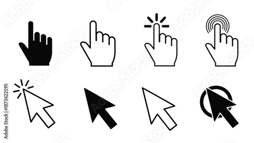 A collection of eight distinct cursor icons displays various pointer states including standard arrow, hand pointer, and clicking animation effects.