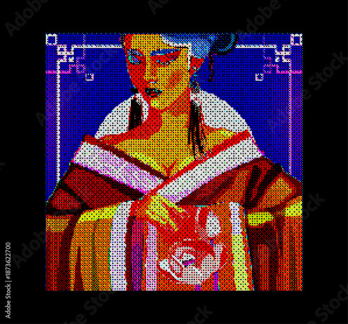 Vibrant pixel art portrait of an elegant Japanese geisha woman in traditional colorful kimono attire digital vector illustration in retro 8bit 16bit vintage arcade game character design graphic style 