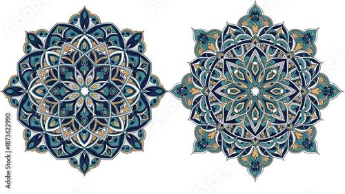 A pair of Islamic mandala flowers with different but harmonious designs