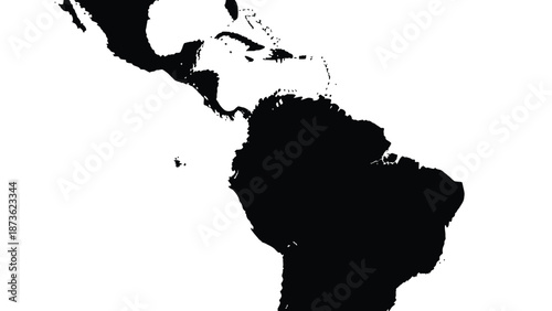 Black silhouette map graphic illustrates the geographic outline of Latin America and the Caribbean islands on a white background.