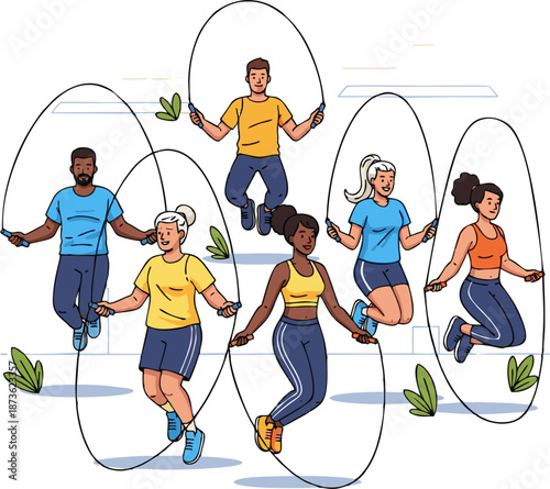 Diverse group of people enjoying a jump rope workout together.