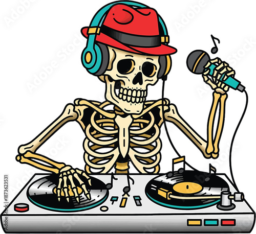 Skeleton DJ Spinning Records with Microphone.