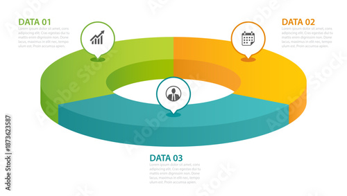 Business presentation template with data modern infographic circular diagram chart 3 colorful sections.