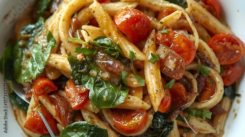 Vibrant pasta dish with tomatoes and spinach