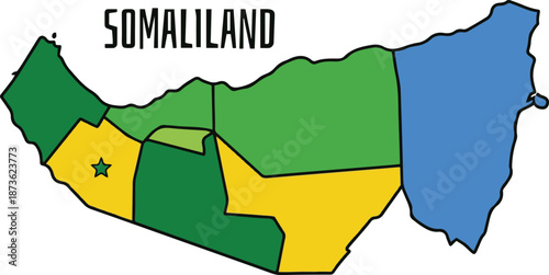 Vector illustration of the Somaliland administrative map, featuring colored regional divisions and a star marking the capital city, Hargeisa.