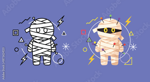 Kawaii-style mummy voodoo doll shown in both an outline version and a colored version with pins and abstract background elements.