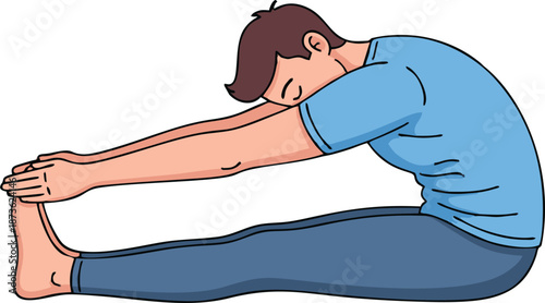 Man performing seated forward bend yoga pose stretching his body.