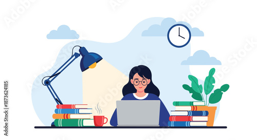 Diligent woman wearing glasses working on her laptop late at night at a desk with a lamp, stacks of books, and a hot cup of coffee.