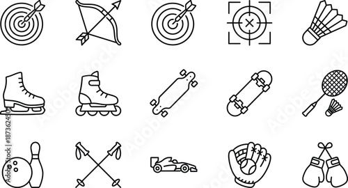 Set of fifteen vector line icons depicting sports equipment including archery target badminton racket ice skates rollerblades skateboards bowling pin race car and boxing gloves.