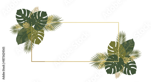 Minimalist gold rectangular frame decorated with green and gold monstera and palm leaves in two opposite corners for a luxury invite.