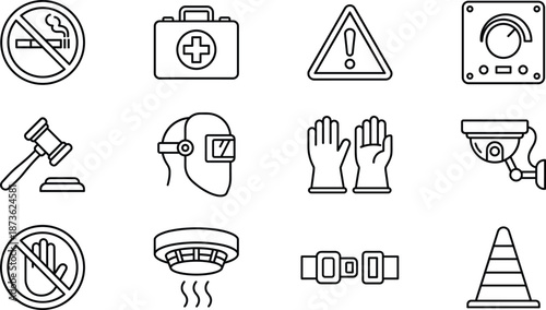 Collection of linear safety and industrial icons featuring no smoking sign first aid kit warning triangle welding mask gloves surveillance camera and traffic cone symbols.
