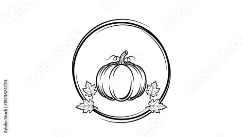 Simple black and white line art of a pumpkin inside a double circle frame decorated with four maple leaves at the bottom for fall.
