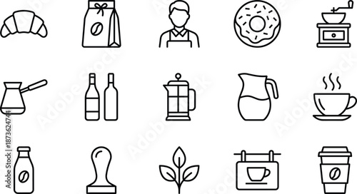 Black and White Vector Line Art Icon Set Featuring Coffee Shop Elements Including Barista Coffee Beans Croissant Doughnut and Brewer