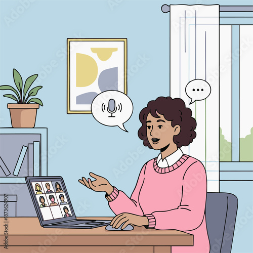 Woman actively participating in a virtual meeting or online conference.