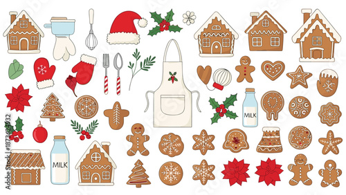 Large collection of christmas themed baking and gingerbread items including cookies, houses, milk bottles, utensils, and a white apron.