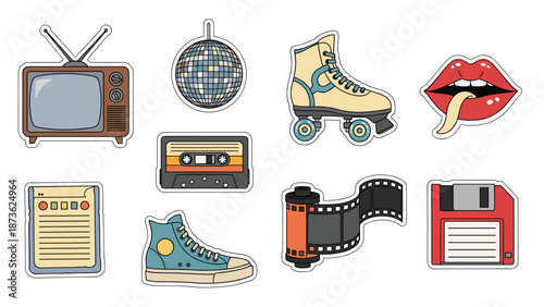 Set of retro eighties and nineties themed stickers including a vintage television, disco ball, roller skate, and old cassette tape.