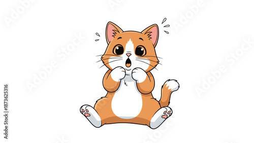 Cute orange and white cat looking surprised with its paws up and mouth open in a charming flat illustration over a white background.