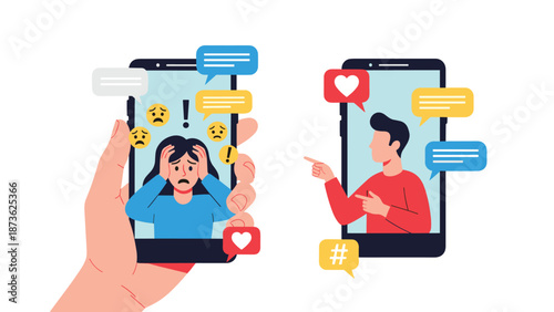 Illustration of cyberbullying showing a stressed girl on one smartphone screen and a boy pointing accusingly on another device.