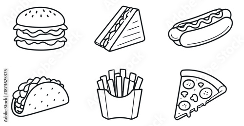 Hand drawn line art fast food set featuring a hamburger, hot dog, pizza, fries, sandwich, and taco for restaurant menus and food designs