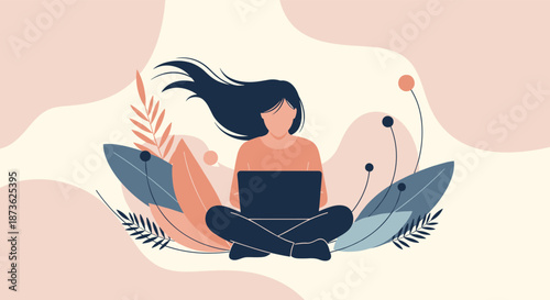 Young woman sitting cross legged and working on a laptop surrounded by beautiful abstract tropical leaves and soft pastel shapes.