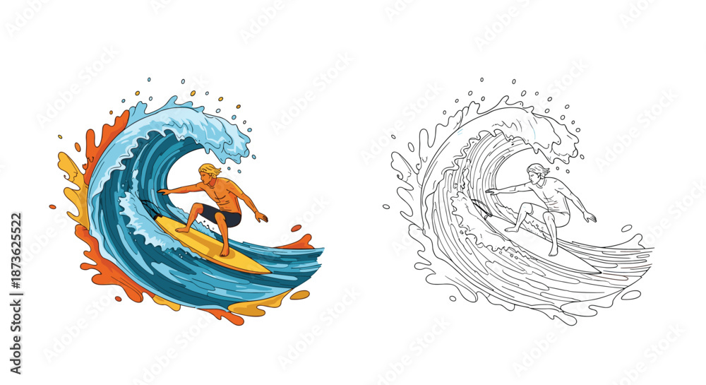 Fototapeta premium Dynamic illustration of a surfer riding a massive blue wave with a side by side comparison of the colored and line art versions.